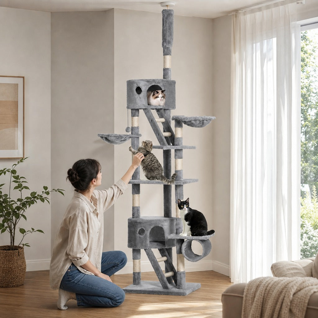 Arranhador para Gatos do Chão ao Teto de 240-260 cm Arranhador para Gatos com Altura Ajustável Múltiplas Plataformas Caverna e Rampas Cinza — Em utilização | In use