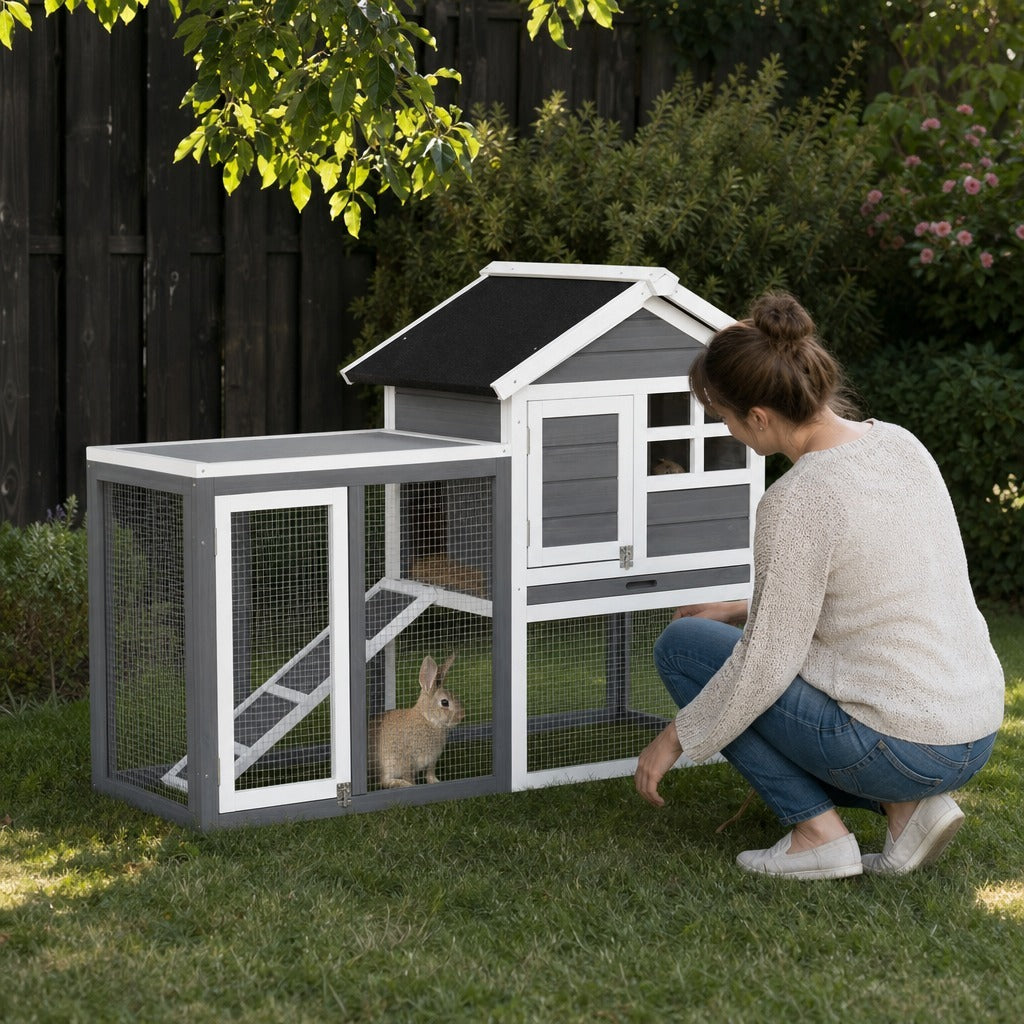 Coelheira de Madeira Exterior de 2 Níveis Gaiola para Coelhos Animais Pequenos com Zona Aberta Teto Asfáltico Bandeja Removível e Rampa 122x62,6x92 cm Cinzento — Em utilização | In use