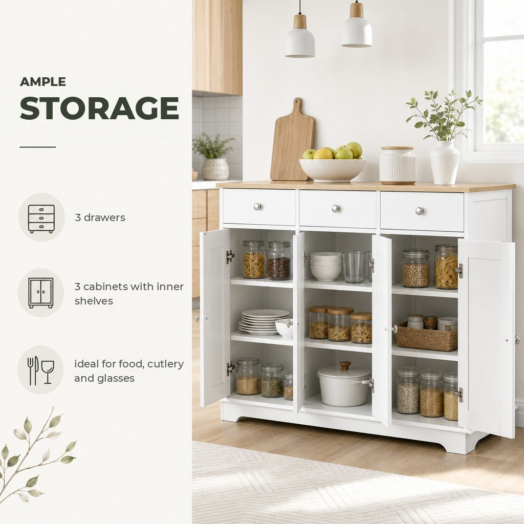 Aparador de Cozinha com 3 Gavetas 3 Portas e Prateleiras Ajustáveis Móvel Auxiliar de Armazenamento para Cozinha Sala de Estar Estilo Moderno Anti-Rolamento 101x40x85cm Branco — Características | Features