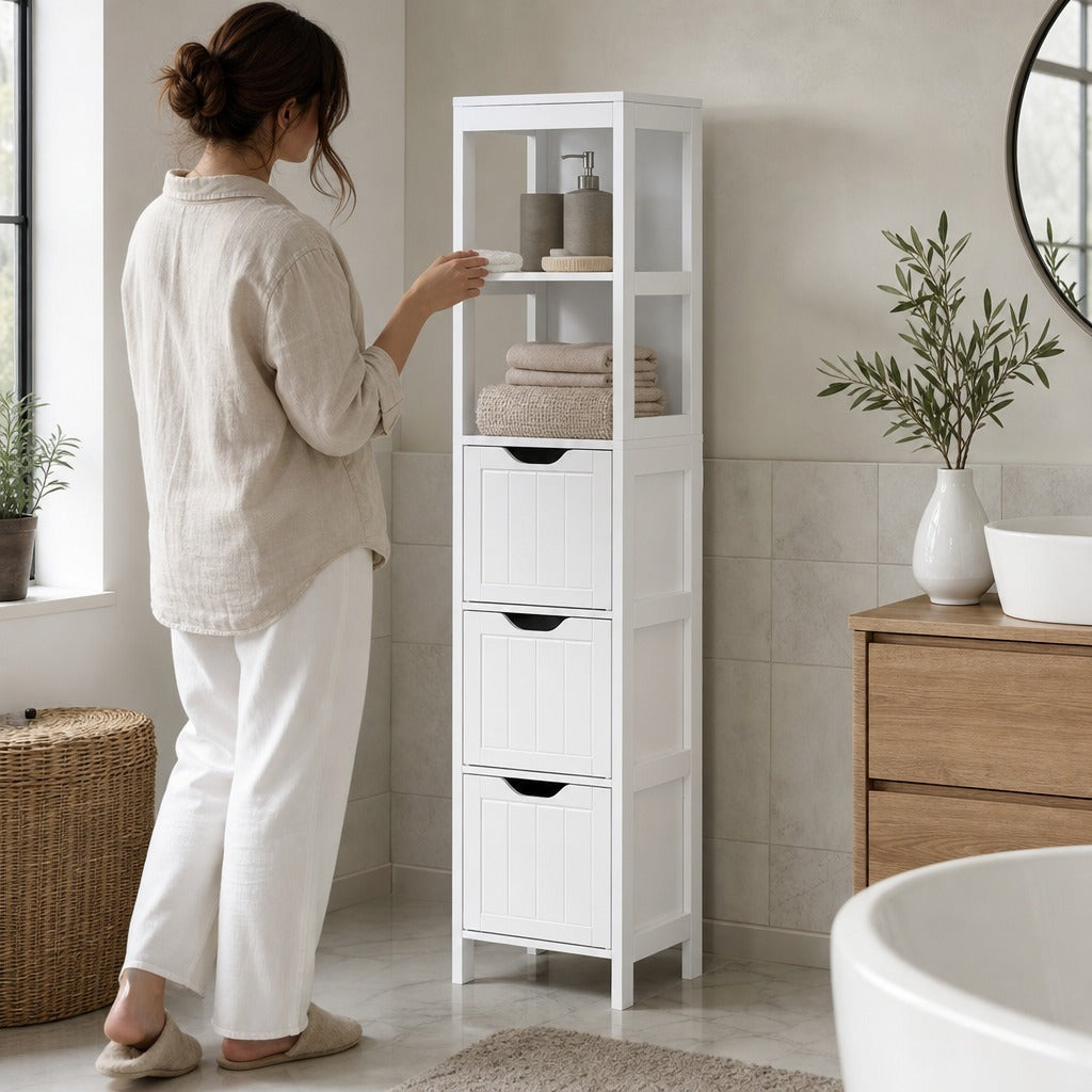 Armário Casa de Banho Estreito com 3 Gavetas e 2 Prateleiras Abertas Coluna de Casa de Banho Estilo Moderno para Sala Casa de Banho Cozinha 30x30x141,6 cm Branco — Em utilização | In use