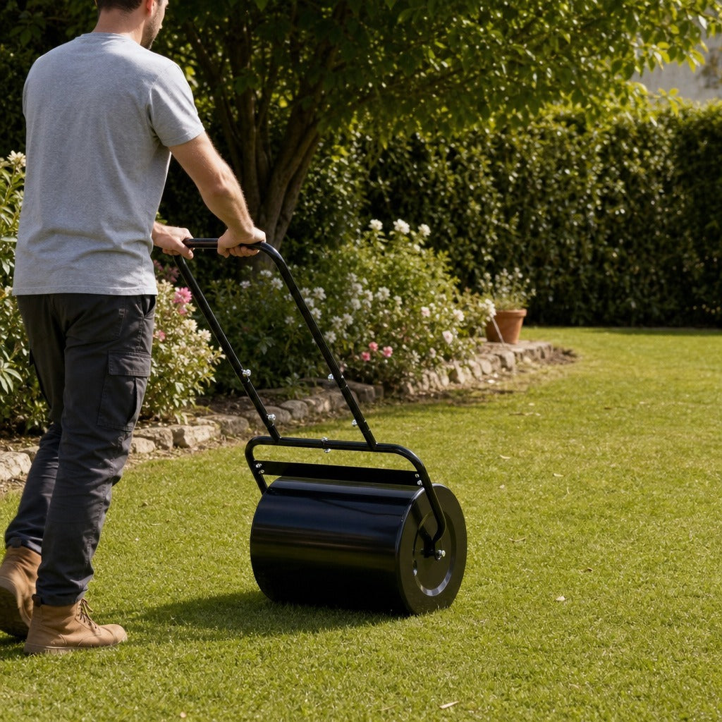 Rolo para Relva Largura 58cm Ø32cm Rolo para Relvado 38L Preenchível de Areia ou Água com Guiador em U para Jardim Preto — Em utilização | In use
