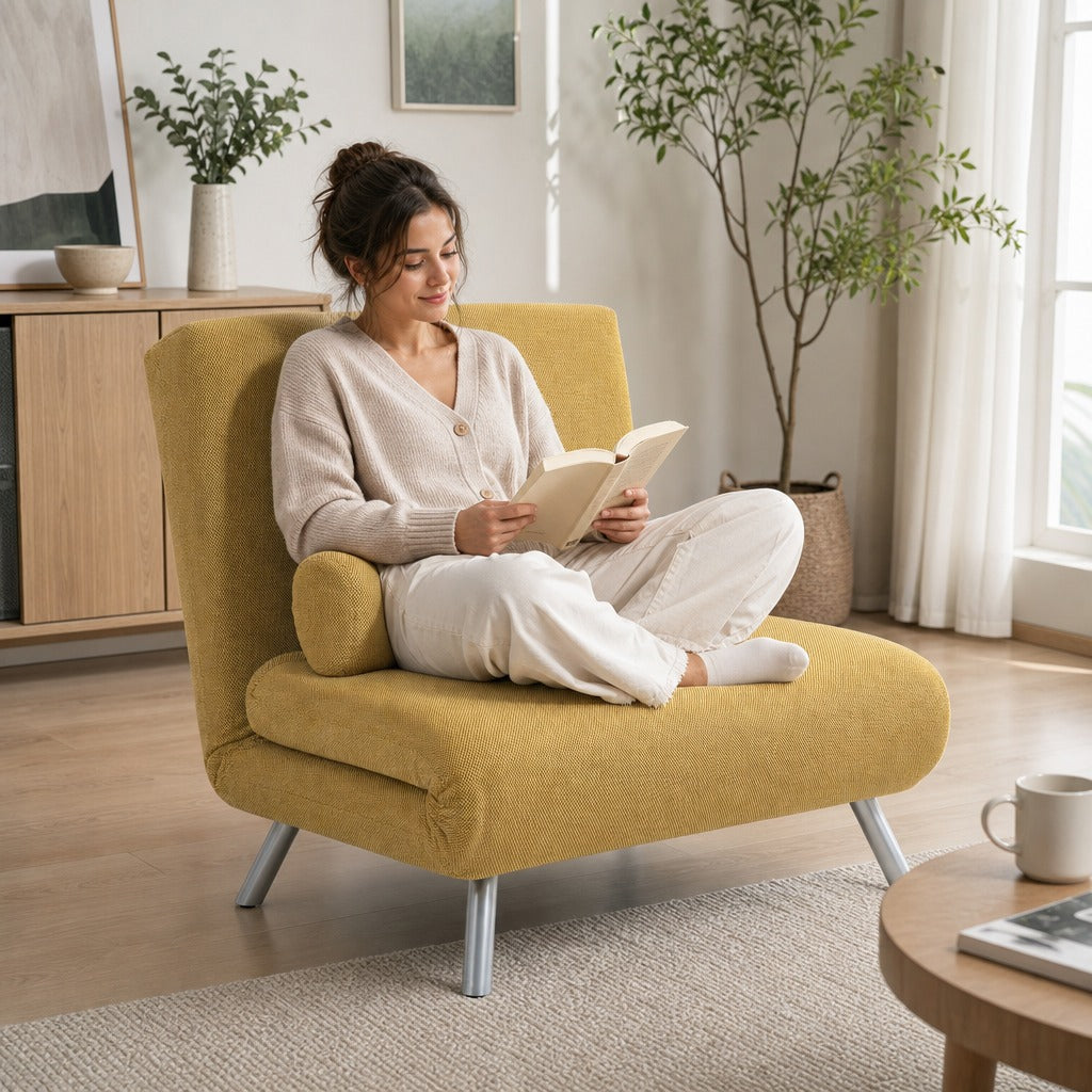 Sofá Cama de 1 Lugar 3 em 1 Sofá Dobrável Estofado em Tecido Amarelo Mesclado com Encosto Ajustável em 5 Níveis e Almofada para Escritório Quarto Sala 80x75x83 cm — Em utilização | In use