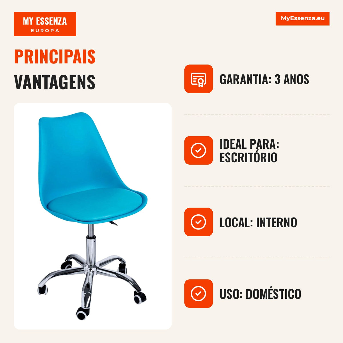 Cadeira Nova — Azul claro — Infografia — vantagens
