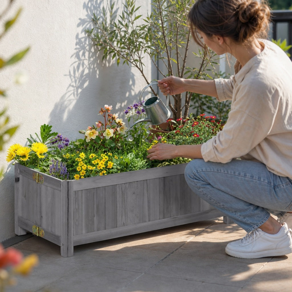 Floreira de Madeira Dobrável Floreira Elevada para Cultivo de Vegetais e Flores no Exterior Pátio Varanda Terraço 70x30x25 cm Cinzento — Em utilização | In use
