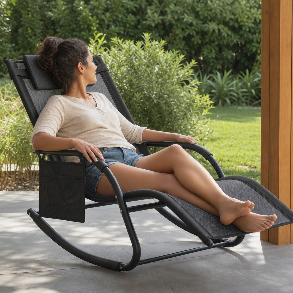 Espreguiçadeira Baloiço de Exterior com Braços Apoio de Cabeça Acolchoado e Bolso Lateral Carga 120 kg para Jardim Terraço Pátio 150x62x88 cm Preto — Em utilização | In use