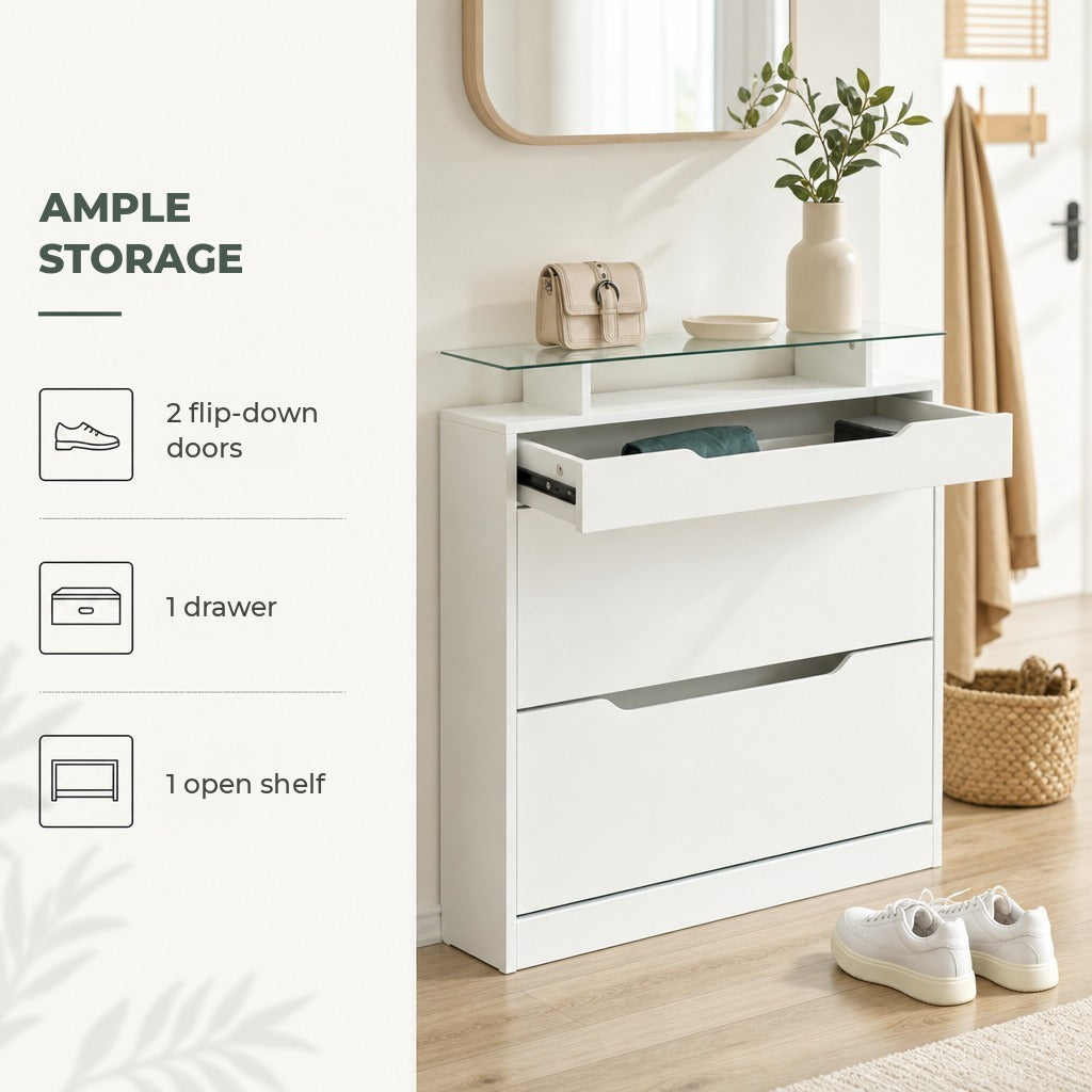 Móvel Sapateiro de 2 Portas Sapateiro Estreito para 16 Pares de Sapatos com Gaveta Prateleira Aberta e Bancada de Vidro para Corredor Entrada 89x23x96cm Branco — Características | Features