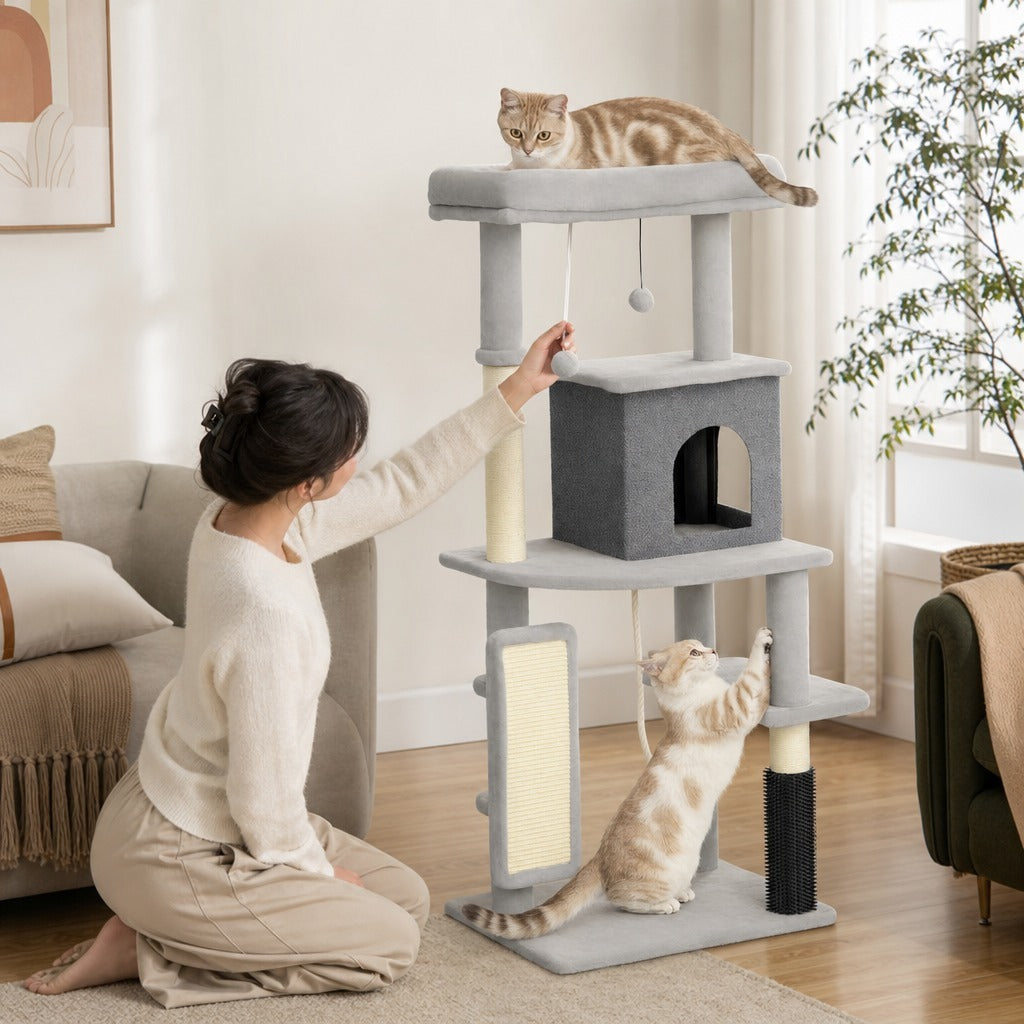 Arranhador para Gatos Grande Altura 132 cm Arranhador para Gatos com Plataformas Postes com Escova Bolas Suspensas e Almofadas para Arranhar Cinza — Em utilização | In use