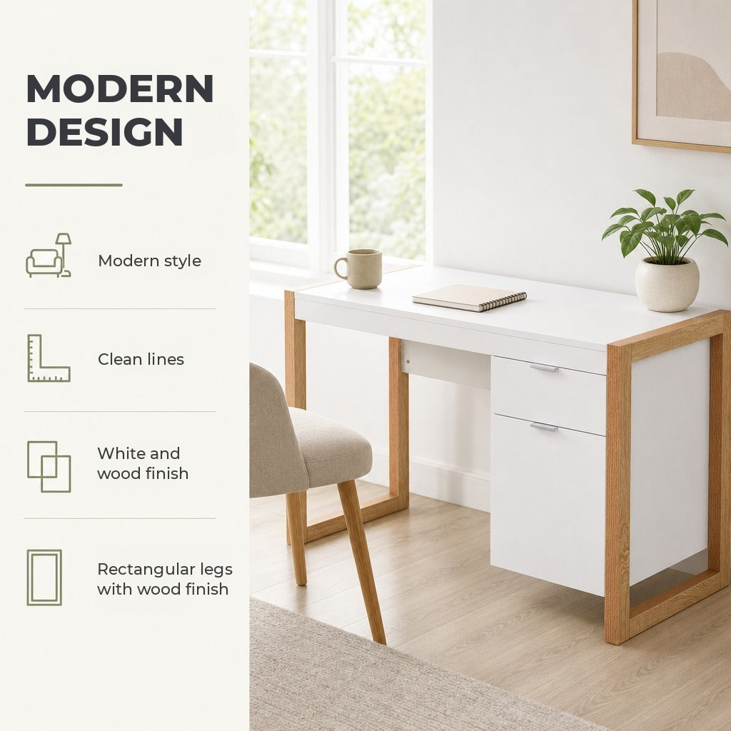 Mesa de Computador Secretária Espaçosa com Gaveta Armário Pés em Forma Retangular Estilo Moderno 112,5x50x75,5 cm Branco e Madeira — Características | Features