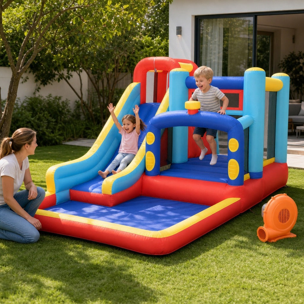Castelo Insuflável com Inflador Castelo Insuflável para Crianças de 3-8 Anos com Escorrega Trampolim Piscina Bolsa de Transporte para Interior Exterior 435x245x200cm Multicolorido — Em utilização | In use