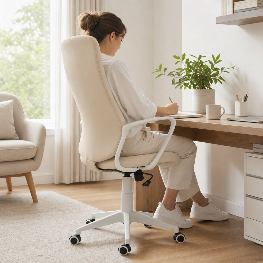Cadeira de Escritório Giratória com Altura Ajustável Cadeira de Escritório Ergonómica com Apoio para os Braços Função de Inclinação e Encosto Alto 62x56x110-119,5 cm Bege — Em utilização | In use