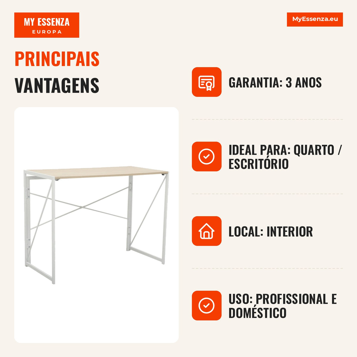 Secretária dobrável Dive 100 cm — Madeira clara — Infografia — vantagens