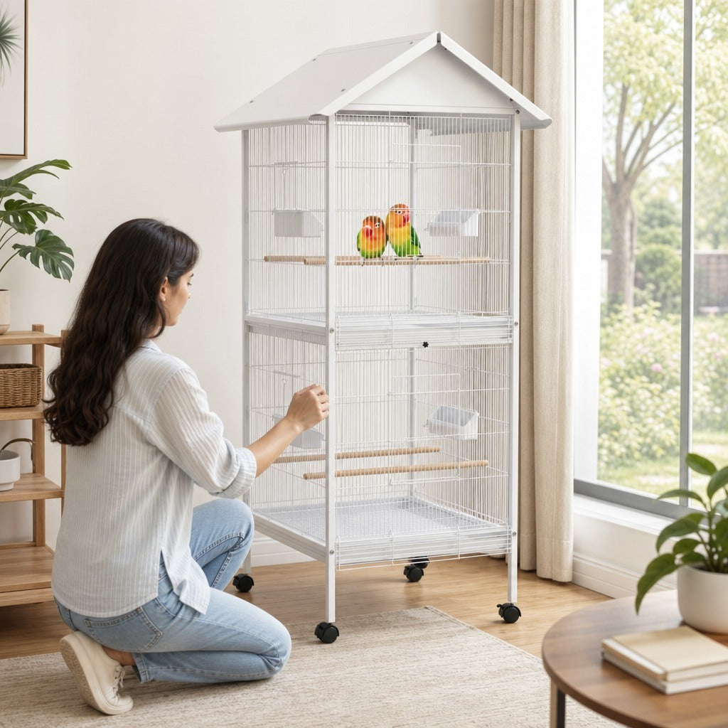 Gaiola para Pássaros 2 em 1 Gaiola de 2 Andares com Rodas 4 Comedouros 4 Poleiros e Bandejas Amovíveis para Canários Periquitos 78x75x168 cm Branco — Em utilização | In use