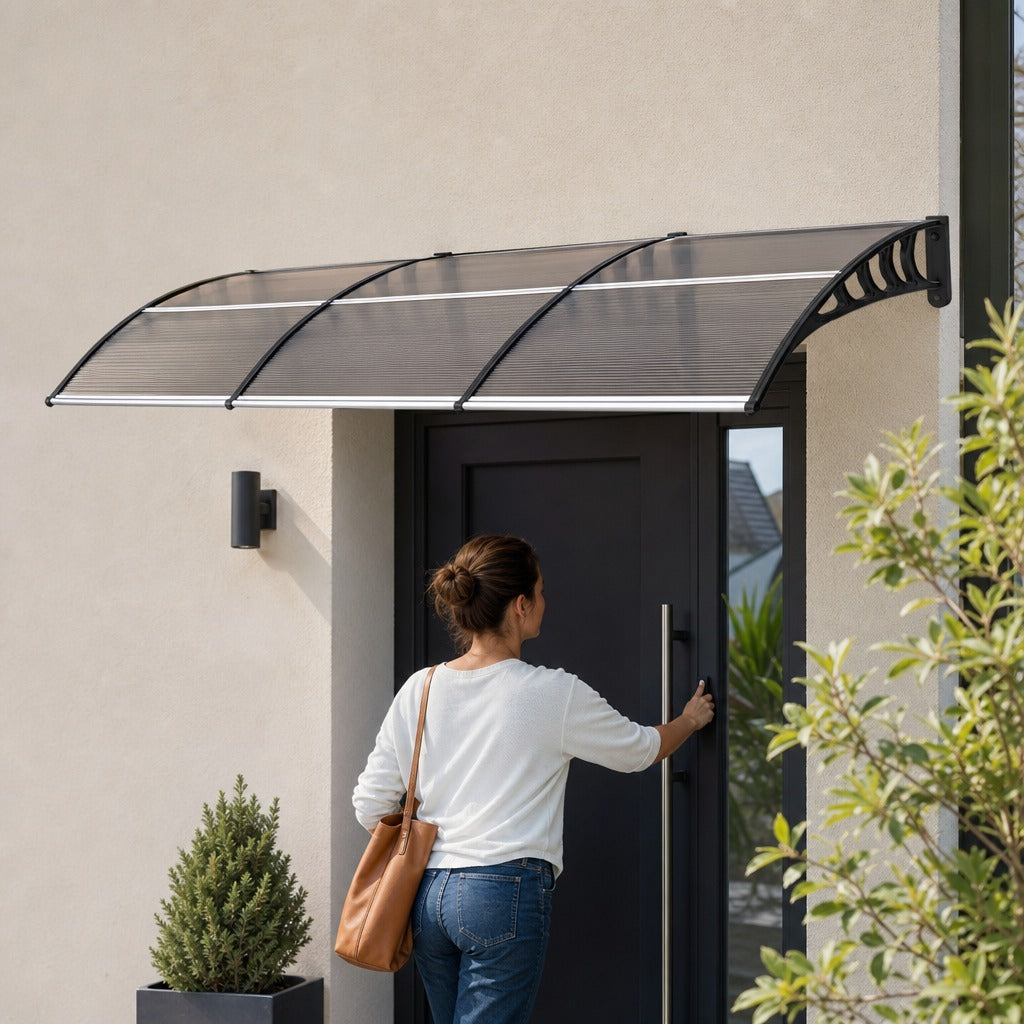 Marquise para Exterior de Portas e Janelas, 303x96 cm, Cobertura de Proteção contra Sol e Chuva, com Painel de Policarbonato e Barras de Alumínio, Castanho — Em utilização | In use