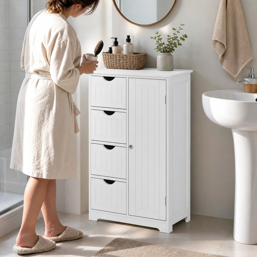 Armário Casa de Banho de Madeira Móvel Auxiliar Organizador Moderno de Madeira com 1 Armário e Gavetas 56x30x83 cm Branco — Em utilização | In use
