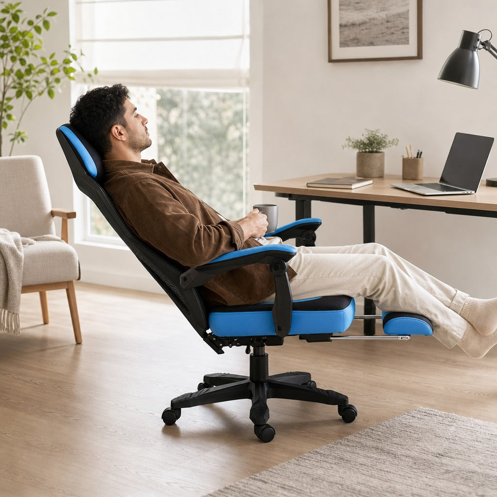 Cadeira de Escritório Ajustável em Altura Cadeira para Secretária Giratória de 360° Reclinável até 135° com Apoio para os Braços e Apoio para os Pés Retrátil 58x72x108-118 cm Azul — Em utilização | In use