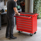 Carrinho de Ferramentas com 7 Gavetas, Carrinho de Oficina com Fechadura, Pega, 2 Rodas com Travão, para Garagem, Casa, Vermelho — Em utilização | In use