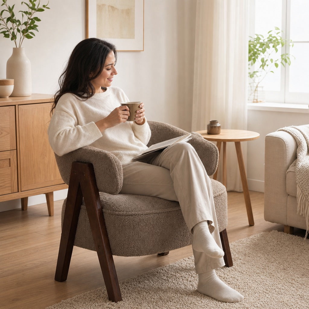 Poltrona de Sala de Estar Estofada em Borreguito Poltrona de Leitura Almofadada e Moderna Assento Largo Pés de Madeira e Encosto Curvo para Quarto Escritório 70x64x71 cm Marrom — Em utilização | In use