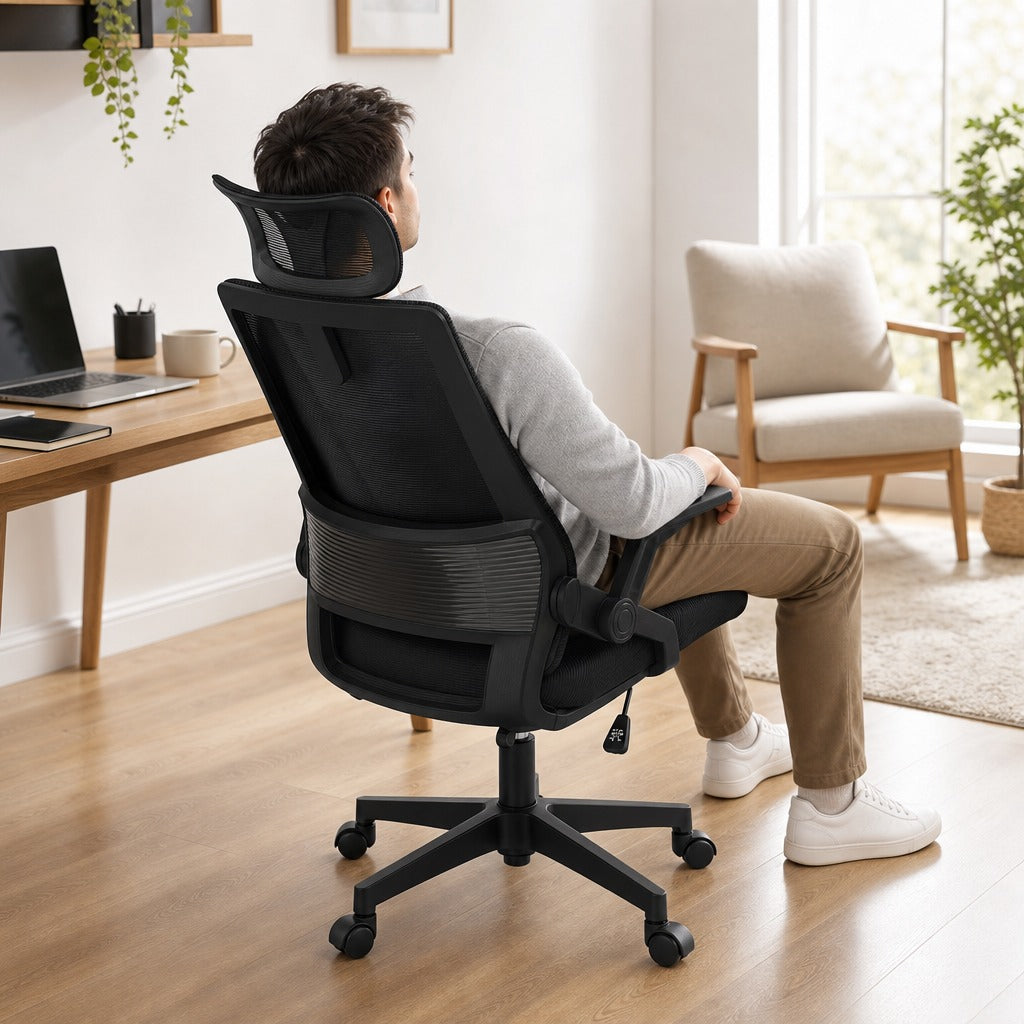 Cadeira de Escritório de Malha Cadeira de Escritório Giratória com Altura e Apoio para a Cabeça Ajustáveis e Apoio para os Braços Estilo Moderno Carga 120 kg para Estúdio — Em utilização | In use