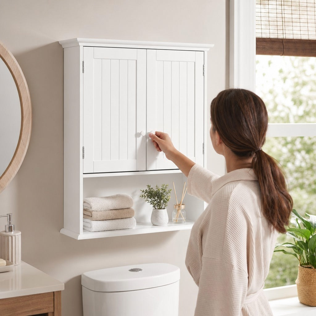 Armário Casa de Banho com 2 Portas Prateleira Interior Ajustável e Compartimento Aberto Móvel Auxiliar Suspenso Multiúso para Cozinha 60x20x70,5cm Branco — Em utilização | In use