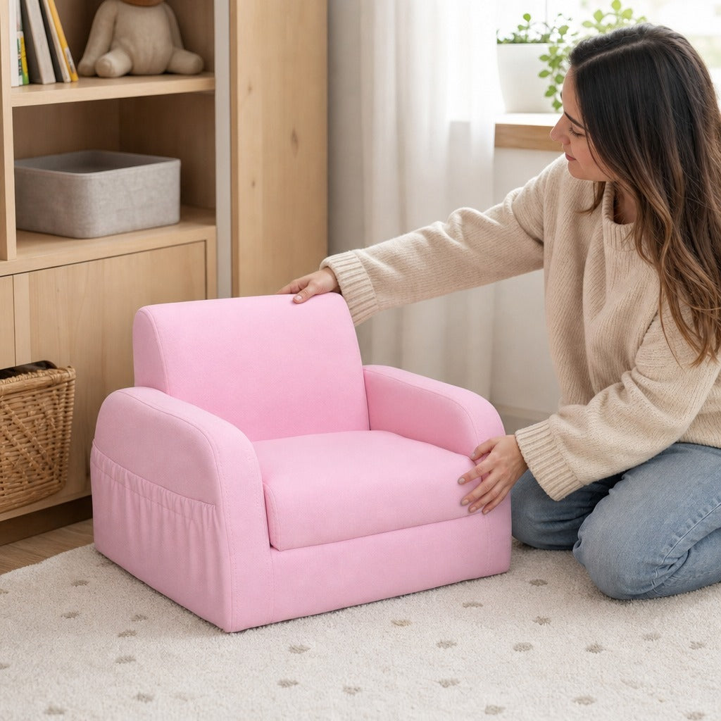 Poltrona Infantil Poltrona 2 em 1 para Crianças Dobrável em 2 Posições com Apoio de Braços e Assento Acolchoado 47x45x38cm Rosa — Em utilização | In use