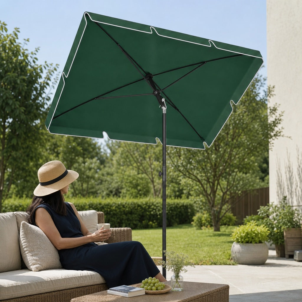 Chapéu de Sol Retangular de Jardim 198x130x240cm Chapéu de Sol de Alumínio com Função de Inclinação para Terraço Pátio Exterior Verde — Em utilização | In use