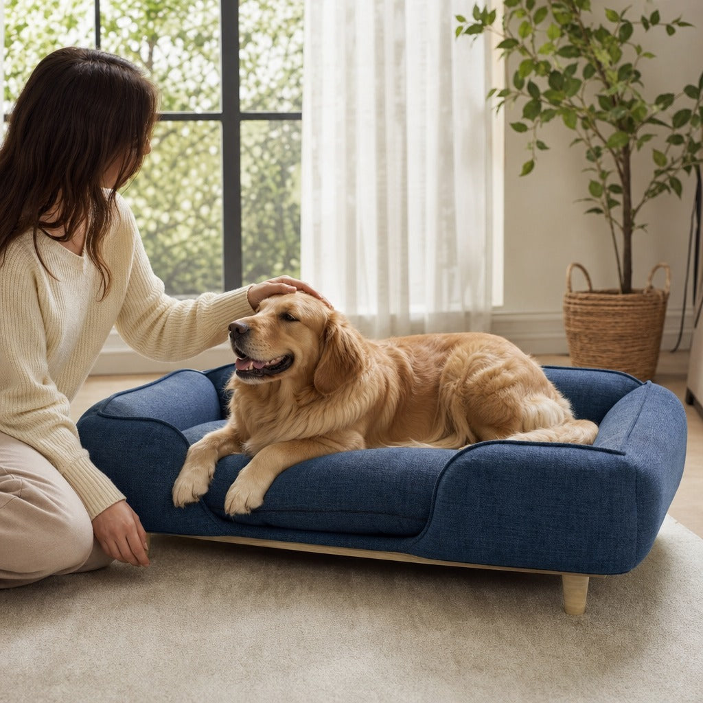 Sofá para Cães Grandes Cama Elevada para Cães com Pés de Madeira e Almofada Lavável Cama para Animais de Estimação Carga 30 kg 96x66x24 cm Azul Escuro — Em utilização | In use