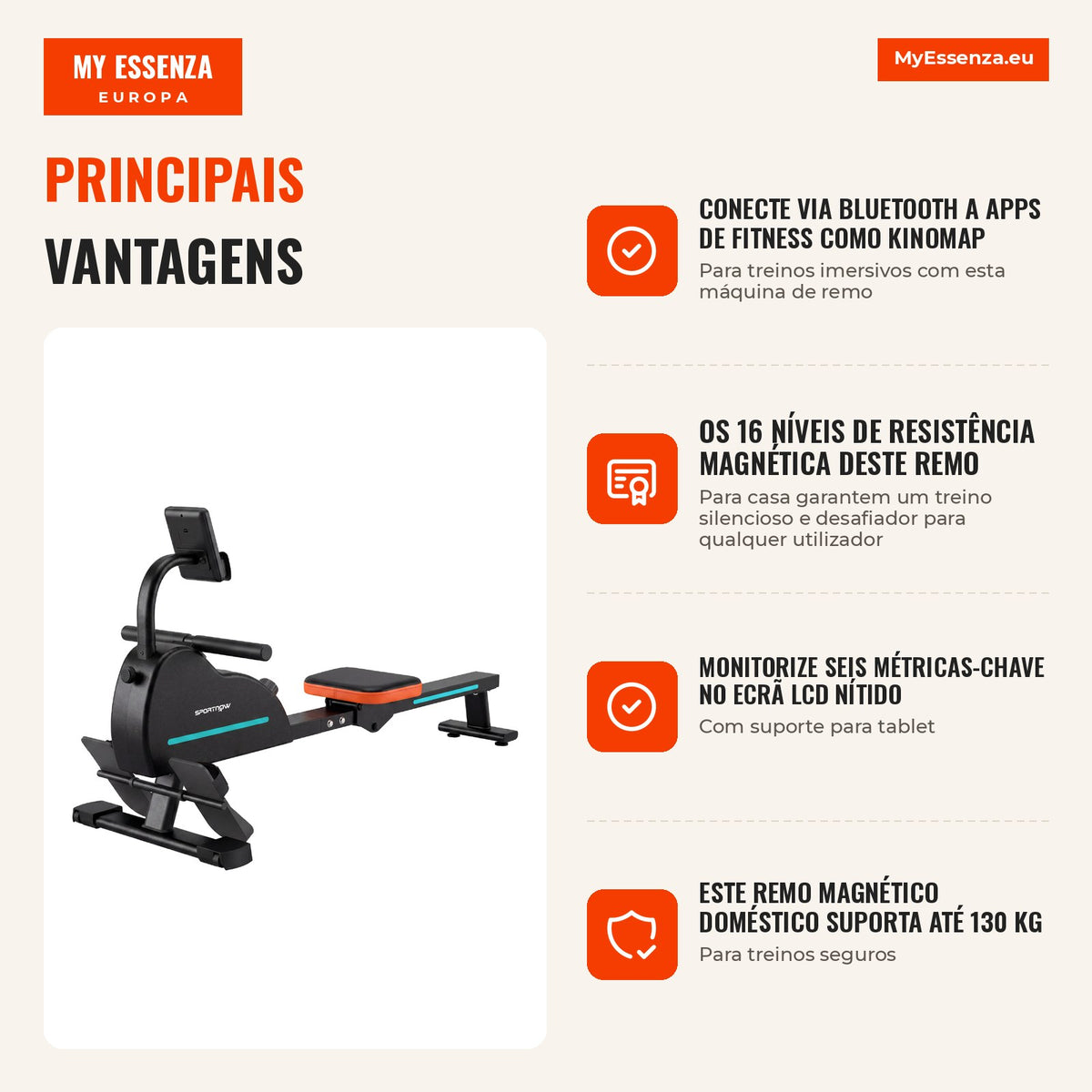 Remo doméstico: 16 níveis resistência, Bluetooth, APP compatível. — infografia 2