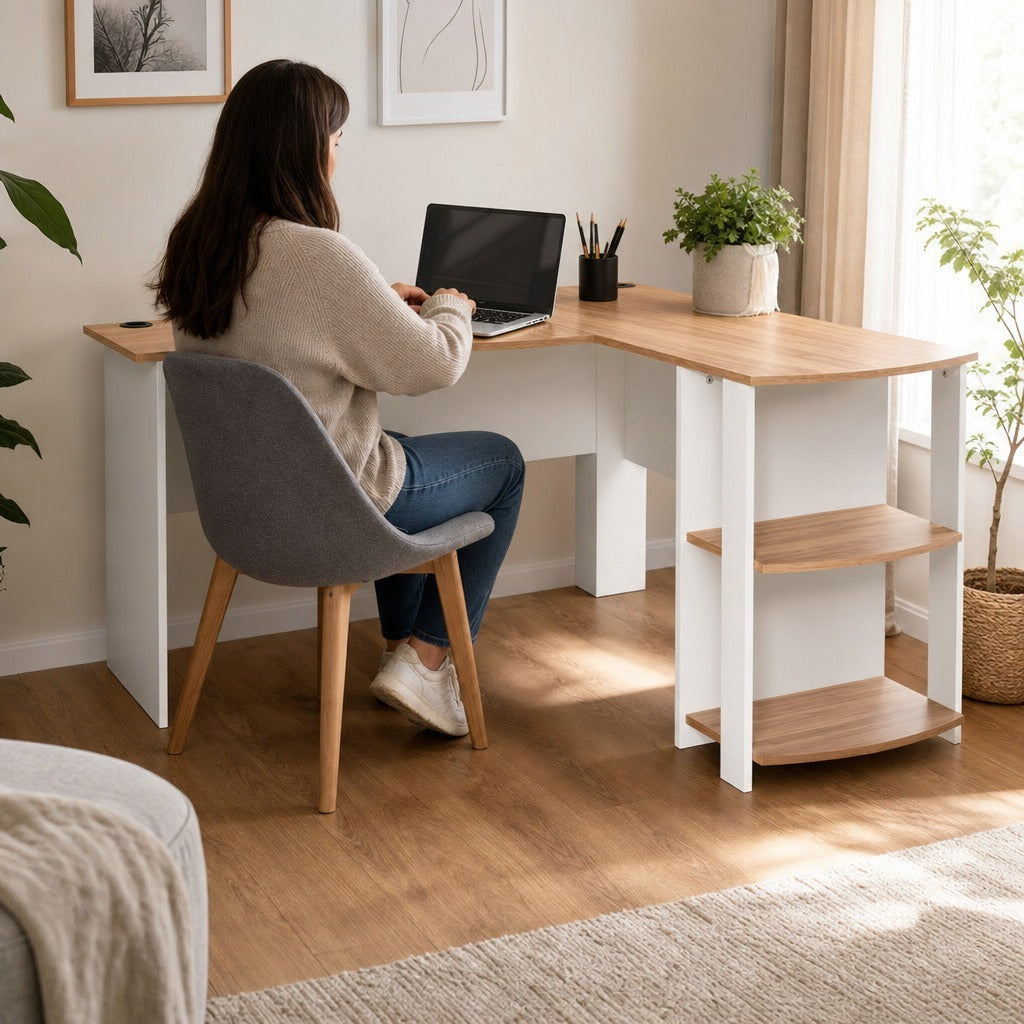 Secretária de Canto Mesa de Computador para Escritório Casa em Forma de L com Prateleiras 136x130x72 cm Branco e Madeira — Em utilização | In use