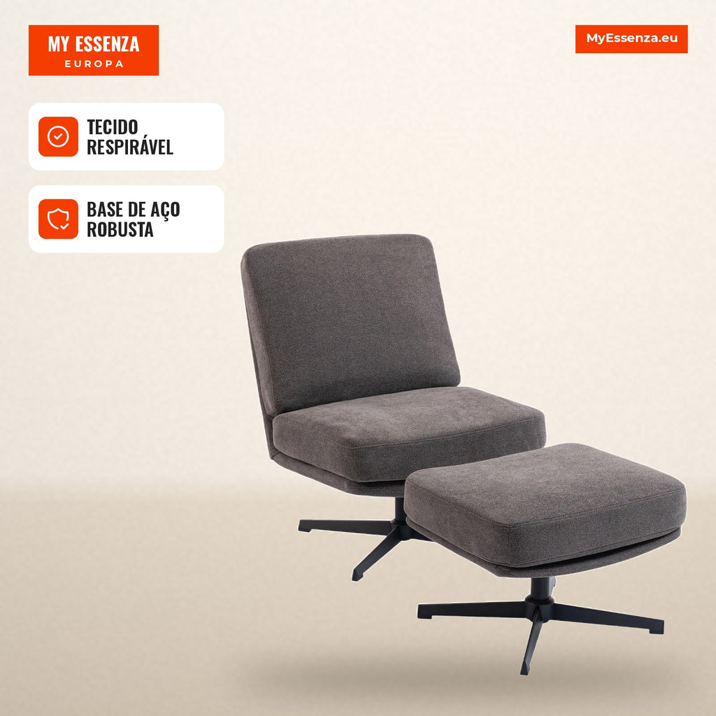 Poltrona com Pufe Giratória, Lounge com Visual Linho para Sala de Estar, Cinza Escuro — infografia 2