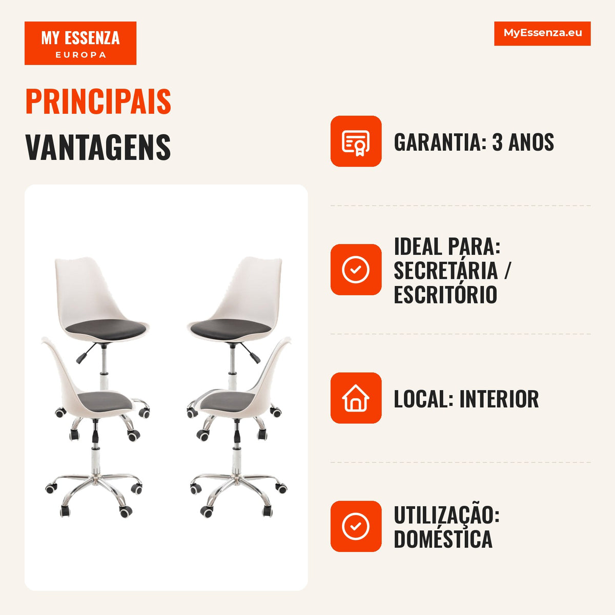 Pack 4 Cadeiras Nova — Branco e Preto — Infografia — vantagens