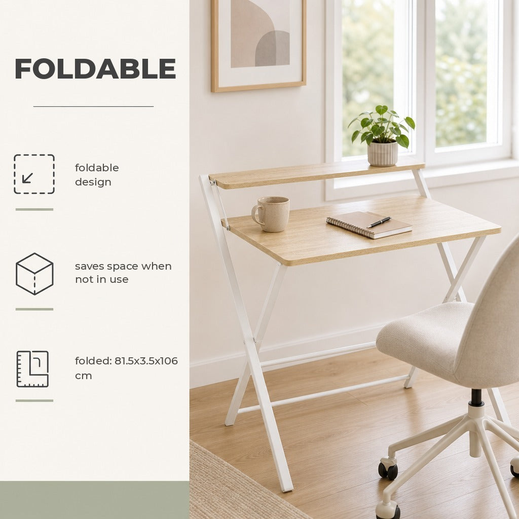 Secretária Dobrável Mesa de Estúdio com Prateleira Superior Estilo Moderno para Sala de Estar Escritório Dormitório 81,5x70x84 cm Madeira e Branco — Características | Features