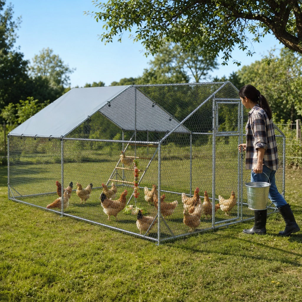 Galinheiro para Exterior 12 m² 3x4x1,95 m para 12-18 Galinhas Galinheiro de Aço Galvanizado com Poleiro, Comedouro Suspenso Tipo Espeto, Fechadura, Cobertura Anti-UV Impermeável — Em utilização | In use