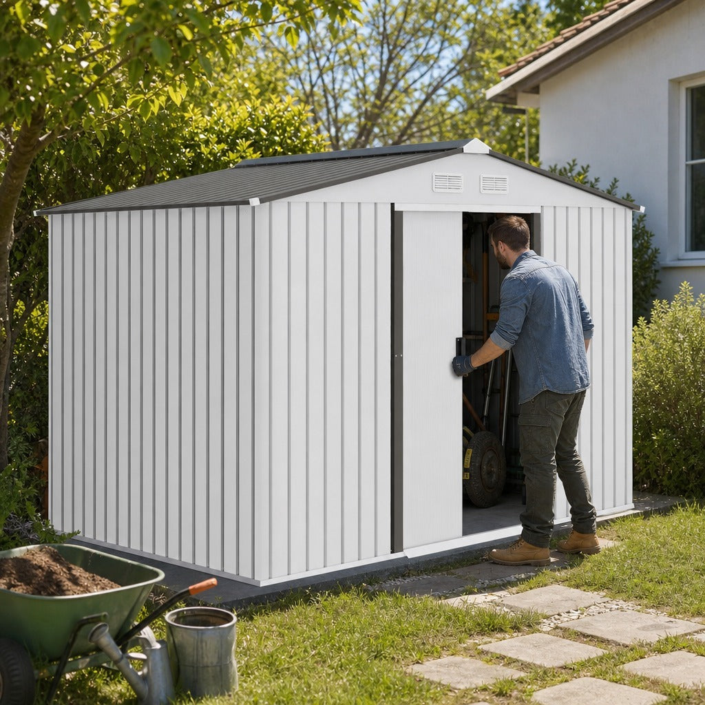 Abrigo de Jardim Exterior Abrigo e Jardim Metálico para Armazenamento de Ferramentas com 4 Janelas 277x195x192 cm Branco e Cinza Escuro — Em utilização | In use
