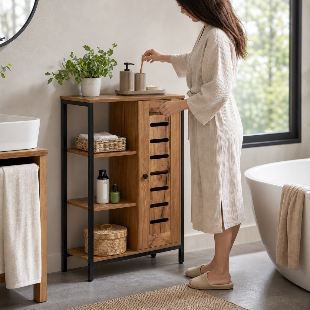 Móvel Auxiliar Casa de Banho Estreito Armário de Casa de Banho com Porta de Ripas e 3 Compartimentos Abertos Prateleira Ajustável para Sala Quarto Entrada 60x30x85 cm Castanho — Em utilização | In use