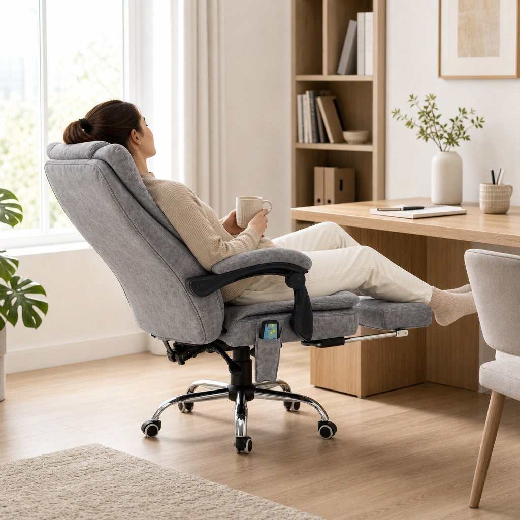 Cadeira de Escritório com 6 Pontos de Massagem Giratória com Encosto Reclinável 135º Função de Aquecimento Apoio para os Pés Retrátil Altura Ajustável e Controlo Remoto — Em utilização | In use