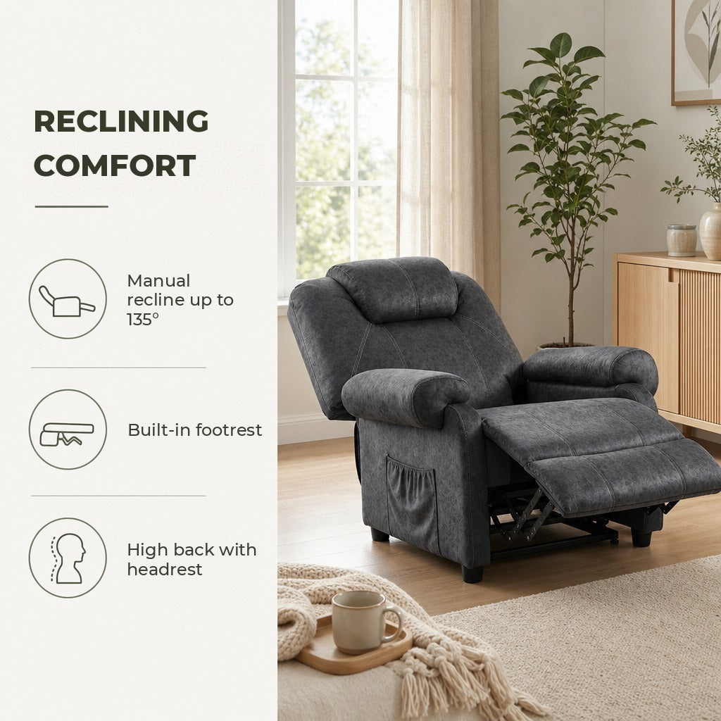 Poltrona Relax Reclinável Poltrona para Sala de Estar com Apoio para os Pés Retrátil Encosto Alto Bolso Lateral Acolchoado Grosso 88x91x108 cm Preto — Características | Features