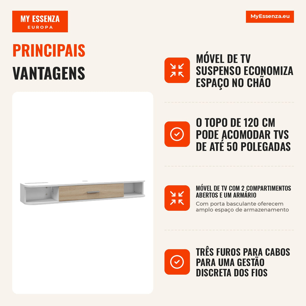 Móvel de TV Suspenso Bancada TV Até 50 Polegadas com Compartimentos Abertos e Armário com Porta Basculante Branco — infografia 2