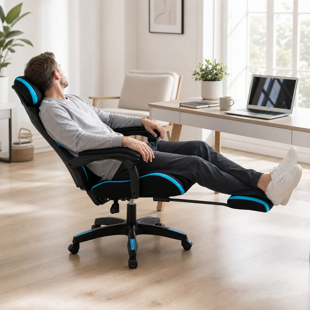 Cadeira de Gaming com Apoio para os Pés Retrátil Cadeira de Escritório Reclinável com Apoio para a Cabeça e Altura Ajustável 65x65x119-129cm Preto e Azul — Em utilização | In use