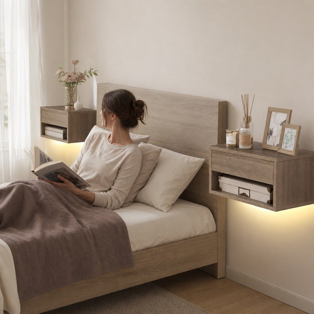 Conjunto de 2 Mesas de Cabeceira Flutuantes com Luzes LED RGB Controlo por APP Mesas de Cabeceira para Quarto com Gaveta Prateleira Aberta 37x32x21 cm Madeira — Em utilização | In use