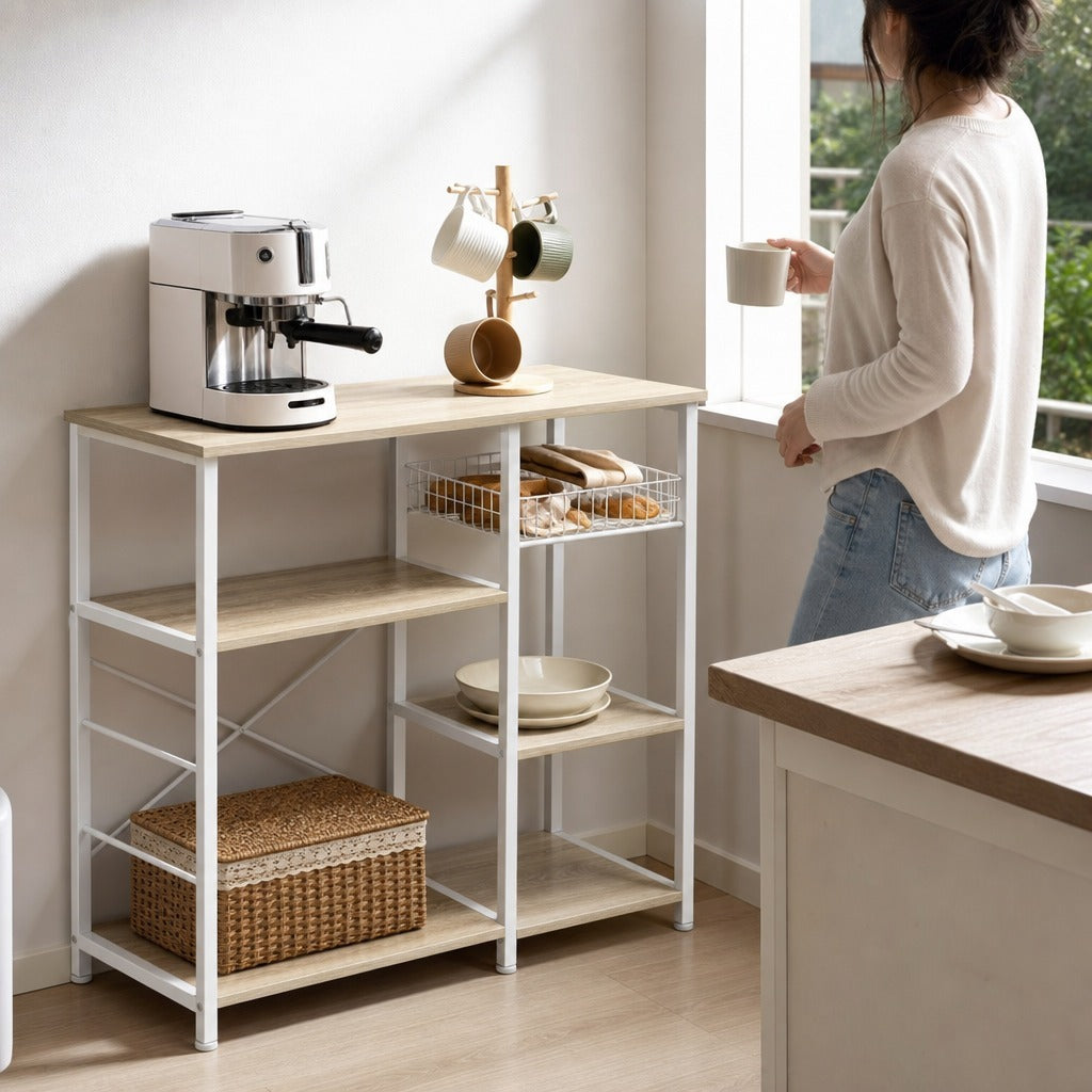 Estante de Cozinha Moderna Estante de Cozinha com 1 Cesto 4 Ganchos em S 6 Pés com Almofadas Ajustáveis e Prateleiras 90x40x84,5 cm Carvalho e Branco — Em utilização | In use