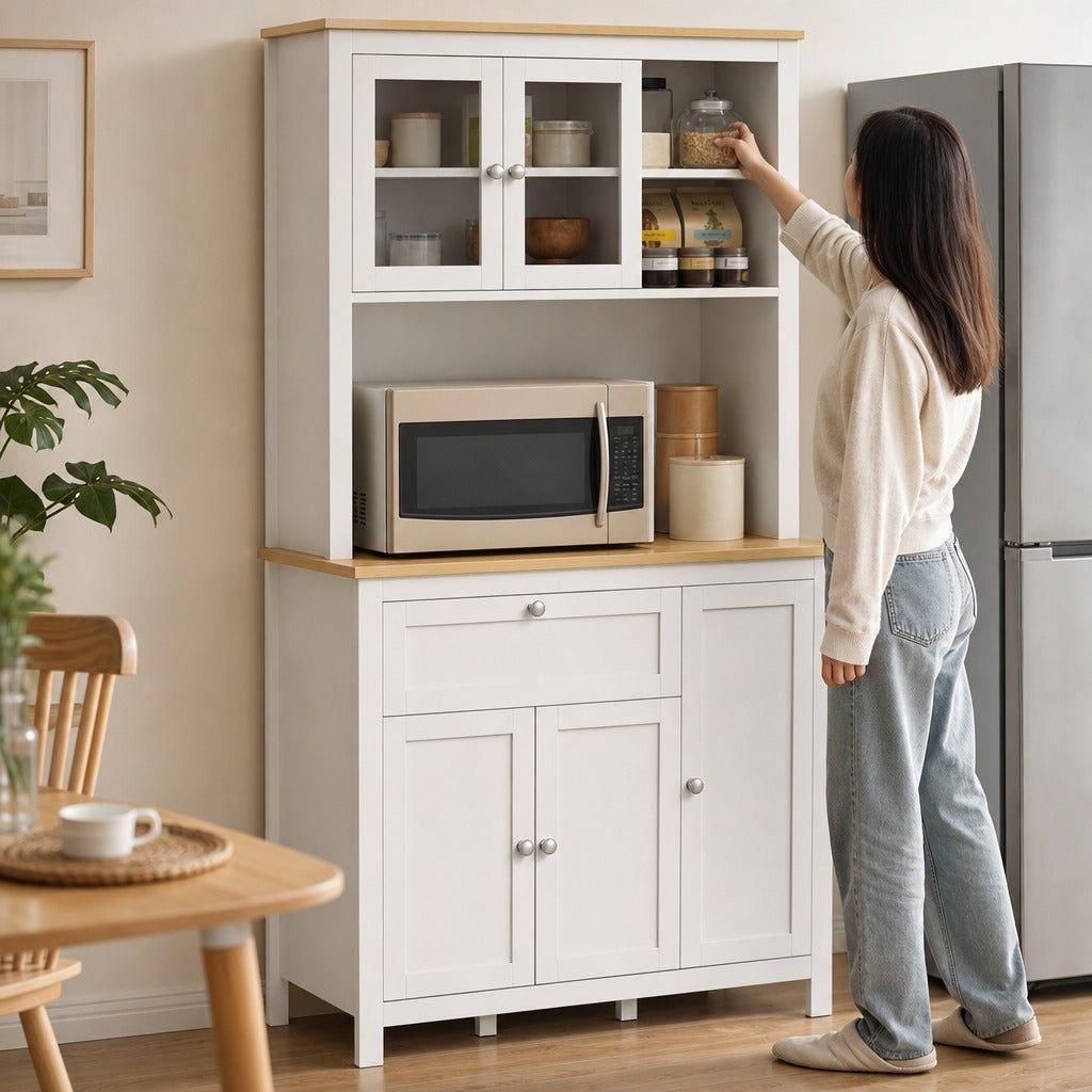 Armário de Cozinha Alto, Móvel Auxiliar de Cozinha, com 5 Portas, Prateleira Ajustável, Gaveta, Bancada Aberta para Micro-ondas, Orifício para Cabo, 100x40x180 cm, para Sala de — Em utilização | In use