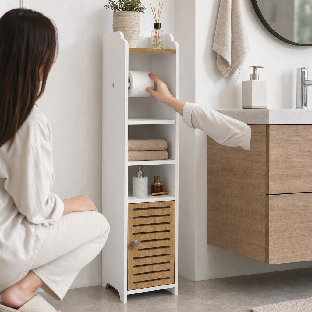 Armário Casa de Banho Moderno Armário Auxiliar Casa de Banho Móvel Casa de Banho com Prateleiras e Suporte para Papel Higiénico 18x20x90 cm Branco e Madeira — Em utilização | In use