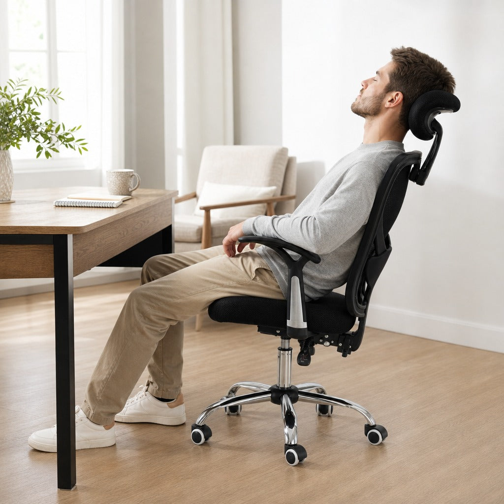 Cadeira de Escritório Ergonômica Cadeira de Escritório Giratória com Altura Ajustável Função Reclinável Apoio para a Cabeça e Suporte Lombar 65x67x108-118cm Preto — Em utilização | In use