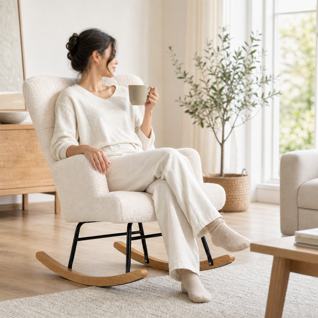 Poltrona Baloiço em Borrego Poltrona para Amamentação com Encosto Capitonê e Base de Madeira de Borracha Carga 120 kg Poltrona para Sala de Estar Dormitório 65x88x87 cm Creme — Em utilização | In use