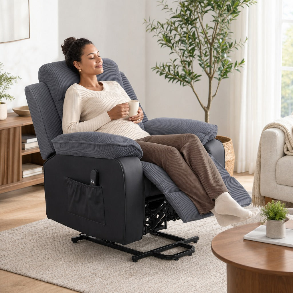 Poltrona Relax Reclinável Elétrica Levanta Pessoas, com Porta USB, Controlo Remoto, Apoio para os Pés, Estofada em Veludo, Bolsos Laterais, Cinzento Escuro — Em utilização | In use