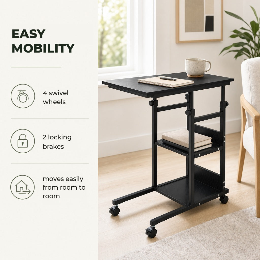 Mesa Lateral para Sofá Mesa lateral em Forma de C com 4 rodas Giratórias Freios Altura Ajustável 3 níveis Estrutura Metálica 80x40x72-82cm Preto — Características | Features