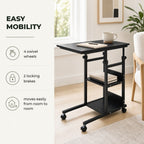 Mesa Lateral para Sofá Mesa lateral em Forma de C com 4 rodas Giratórias Freios Altura Ajustável 3 níveis Estrutura Metálica 80x40x72-82cm Preto — Características | Features