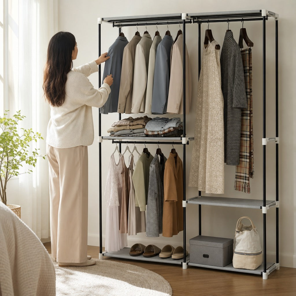 Armário de Roupa Aberto 142x43x185 cm Armário para Roupas com 4 Prateleiras de Tecido 3 Barras para Pendurar e Estrutura de Metal para Quarto Sala Closet Cinzento — Em utilização | In use