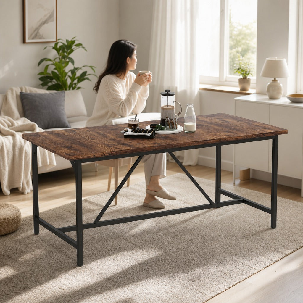 Mesa de Refeição Retangular para 6-8 Pessoas Mesa de Cozinha Industrial com Bancada Grosso e Pés de Metal 180x80x75,5 cm Castanho Rústico — Em utilização | In use