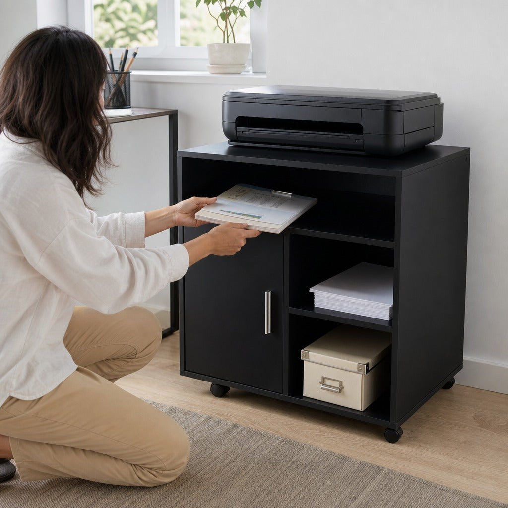 Armário de Escritório para Impressora Móvel para Escritório Multifuncional com Prateleiras e Amplo Espaço de Armazenamento 60x50x65,5 cm Preto — Em utilização | In use